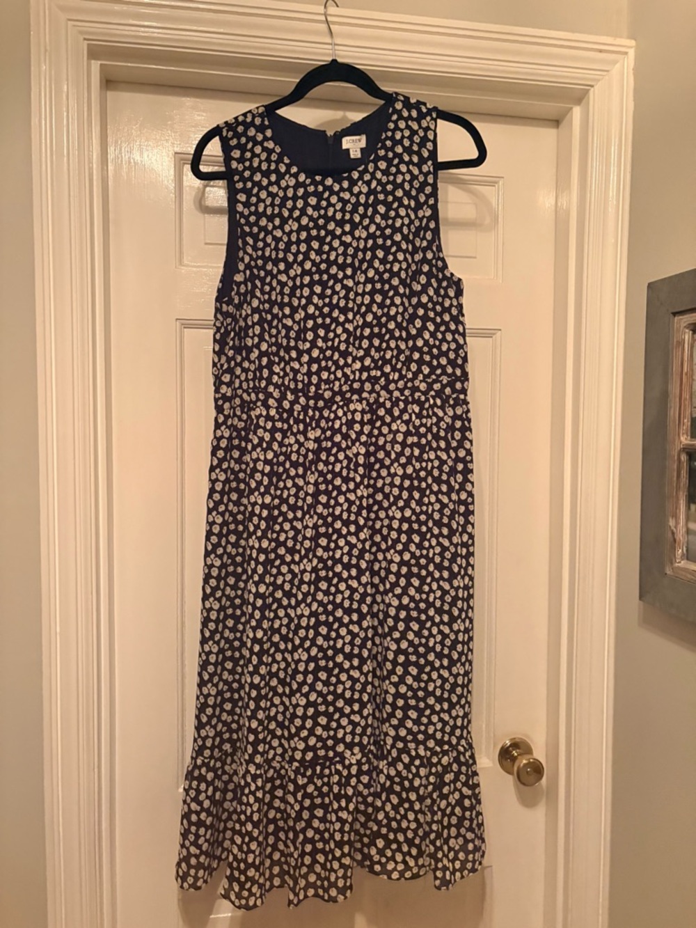 J. Crew Navy and White Sleeveless Polka Dot Midi Dress